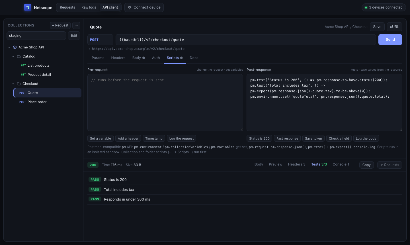 The API client: a collection tree, a POST request with a post-response script, and three passing tests