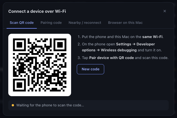Connect dialog with a pairing QR code and three setup steps