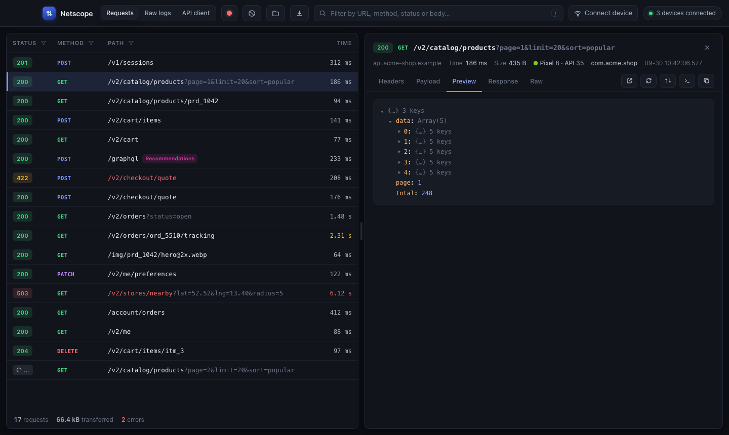 Netscope's Requests view: a list of API calls with status, method, path and time, and a JSON preview of the selected response